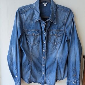 Blue Long Sleeve Button Down Shirt with Notched Collar